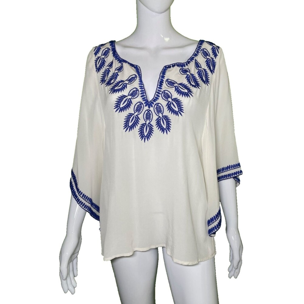 NEW AS by DF Size S Women's Summer Treasure Silk Tunic White Blue Floral Blouse